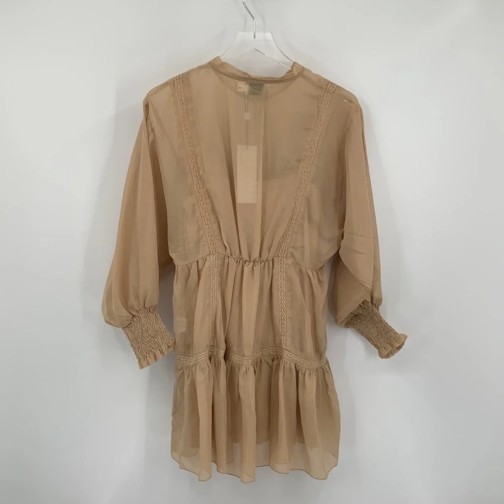 SNDYS Coco mini dress sand tan boho chiffon lace tier skirt sheer new Small - Picture 4 of 6